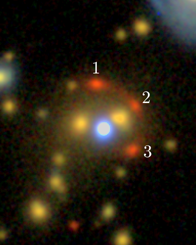 Astronomical image. There is an arc of three red bright knots in a half-ring at the center of the image. Inside the arc are two similarly bright yellow-orange galaxies. Between them is a very bright star.